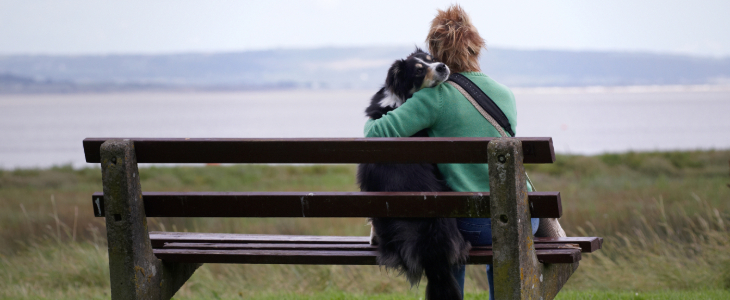 image of woman sitting on a bench hugging her dog